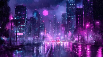 background scenes cyberpunk scene night city skyline urban building  futuristic game