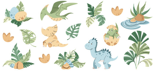 Set of cute cartoon dinosaurs and tropical plants on white background. Ancient lizards collection. Children s illustration for design of clothes, wallpapers, greeting cards, etc. © Siawi_art