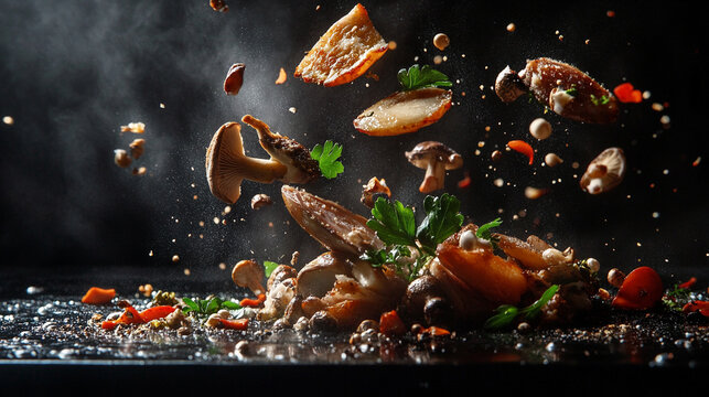 Dynamic culinary explosion featuring fresh ingredients, spices, and herbs, creating an artistic display of vibrant flavors.