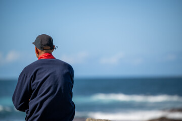 Rear view of man sitting and watching the ocean