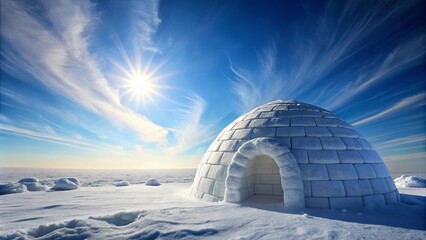 Photo of a traditional igloo against a backdrop of a bright sun in the sky