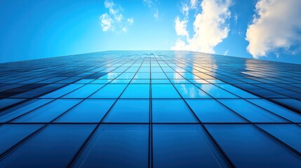 Obraz premium A modern glass building reflecting the sky and clouds.