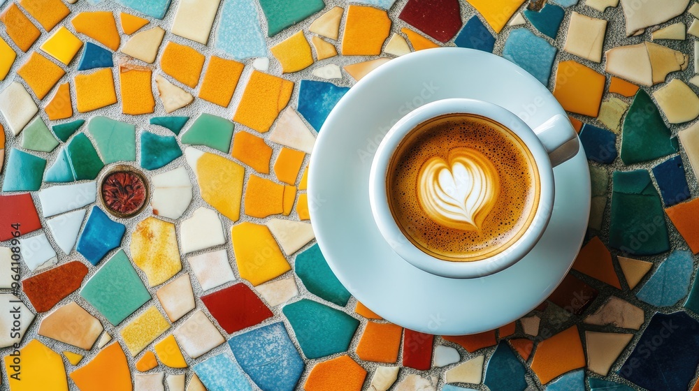 Wall mural flat lay of coffee on a ceramic tiled table, with colorful mosaic patterns adding vibrancy. no logo,