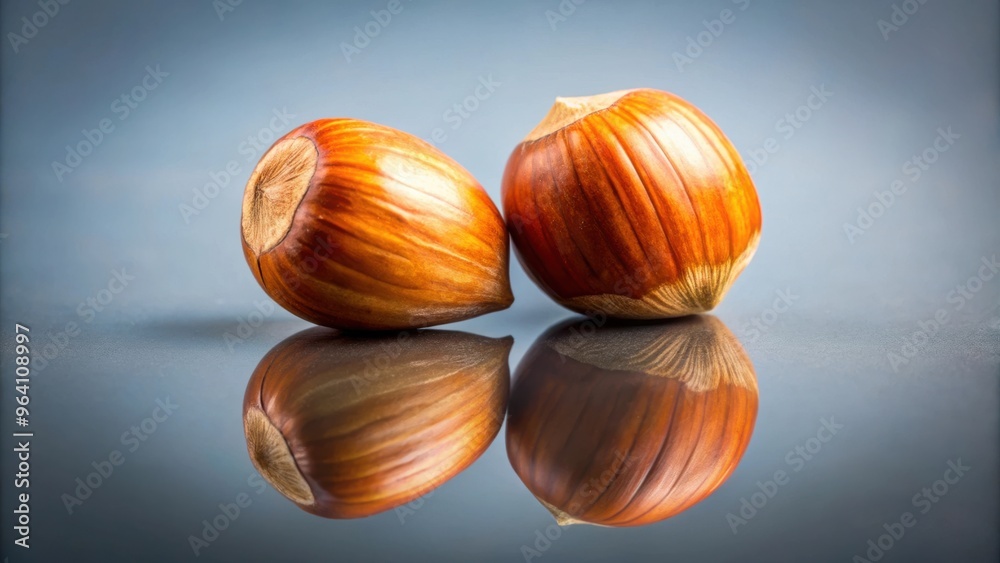 Poster close up view of two hazelnuts on a reflective surface, perfect for vegan food and snacks