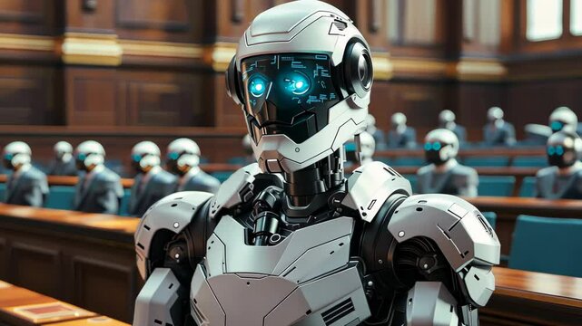 Robotic assistant delivers testimony in futuristic courtroom setting during trial for justice reform