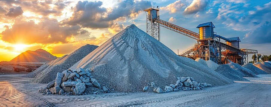 Industrial quarry with large piles of gravel and machinery in the background.  Sunlight shines over the site creating a warm, golden glow.