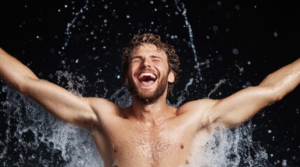 Fototapeta premium A man with curly hair exuberantly enjoys a moment of pure joy as he splashes in the water, arms raised in celebration, illuminated by dramatic lighting in the background
