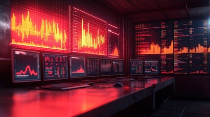 A futuristic control room with multiple monitors displaying data and charts, with red and orange lighting.