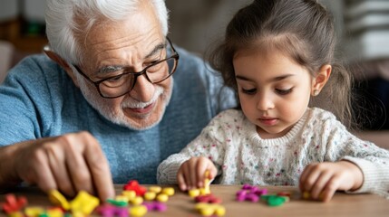 Naklejka premium A grandfather and his young granddaughter engage intently in a creative activity, arranging colorful toys on a wooden table during a warm afternoon at home