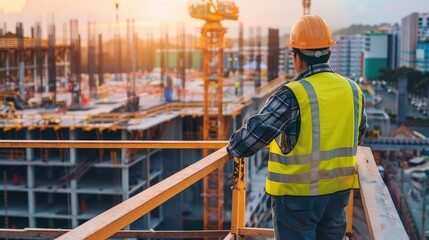 Construction Worker Overlooking Building Site at Sunset