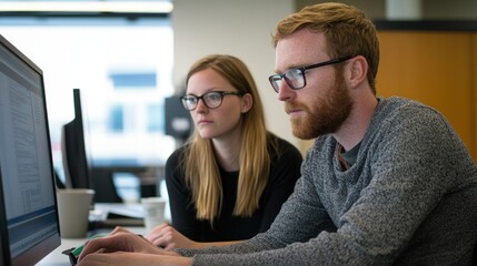 Two colleagues are working intently at their computers in a contemporary office, analyzing data while surrounded by a bright and open workspace during daytime hours