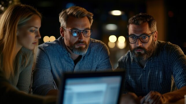 Three individuals focus intently on a laptop screen, collaborating late at night in a cozy workspace illuminated by soft light, revealing their serious expressions and teamwork
