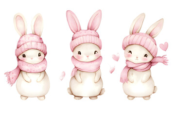 Cute adorable rabbit bunny collection with warm hat and scarf isolated on transparent background