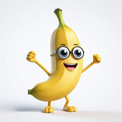 3D banana character mascot, fun, funny, smile happy fruit with big eyes and smile, isolated in light grey background