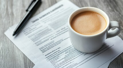 Top view of a coffee cup next to a stack of documents and a marker, conveying a business review scene. No logo, no people.