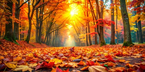 Vibrant autumn scene in a forest with colorful leaves on the ground