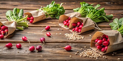 Paper bags with radish seeds for planting scattered on wooden table