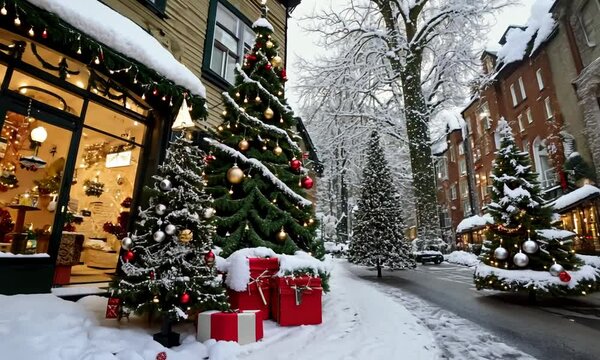 Widok na zimowy rynek, gdzie przed sklepem stoją ozdobione choinki i świąteczne dekoracje. 