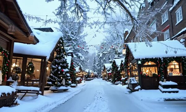 Widok na zimowy rynek, gdzie przed sklepem stoją ozdobione choinki i świąteczne dekoracje. 