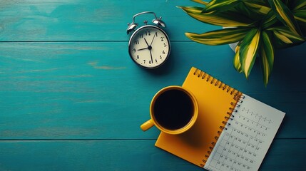 Top view of a cup of coffee with a calendar and a desk clock, symbolizing time management in business. No logo, no people.