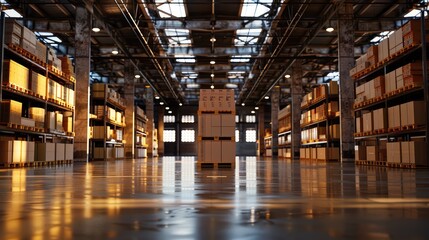 Fototapeta premium Modern Warehouse Interior with Stacked Boxes