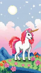 Fototapeta premium Pixelated unicorn in fantasy landscape