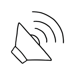 A bold black silhouette of a megaphone with sound waves radiating outward.