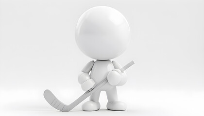 A detailed 3D rendering of a cartoonish white glossy humanoid character holding a hockey stick, standing in a minimalist scene, highlighting simplicity and modern aesthetics.