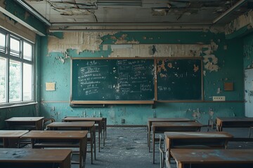 Post-apocalyptic school, its classrooms empty and echoing, with faded lessons still visible on chalkboards