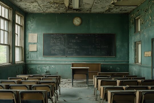 Post-apocalyptic school, its classrooms empty and echoing, with faded lessons still visible on chalkboards