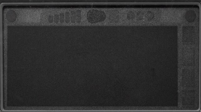 retro looking kids toy OSD gaming monitor screen with blank flickering video playback signal, 4k damaged video playback overlay, plastic touch display.