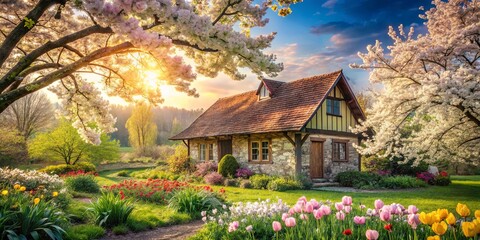 Charming rustic country house surrounded by blooming spring flowers and fairytale vibes
