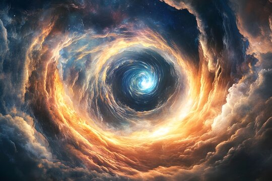 Interdimensional portal opening in the sky, revealing a swirling vortex of colors and distant worlds
