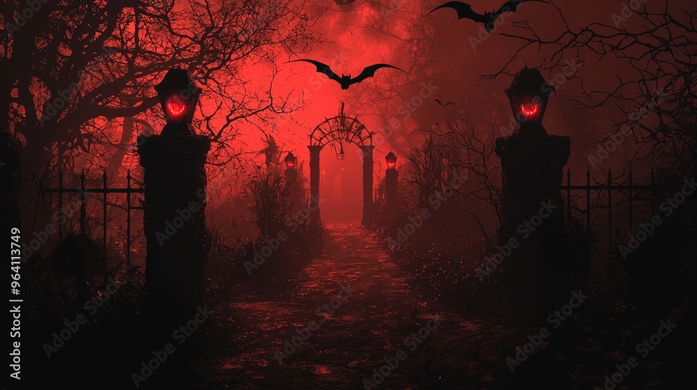 Sticker An ominous red-lit path leads through a spooky gate into a dark and mysterious forest.