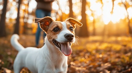 A happy dog in a sunlit forest during autumn.
