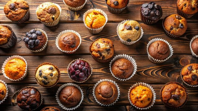 Copy space background with a variety of delicious muffins snacks