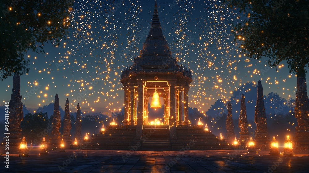 Wall mural Ancient temple illuminated by glowing lanterns and fireflies at night.