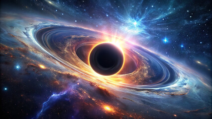 Obraz premium A black hole sits at the center, encircled by colorful gases and stars, illustrating the magnificent and mysterious depths of the universe