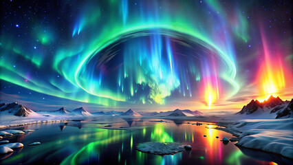 The aurora borealis illuminates the night sky with vibrant colors, creating a stunning reflection in the calm waters below the snowy mountains