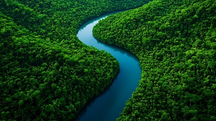 Obraz premium An aerial view of a winding river cutting through a lush, green rainforest.