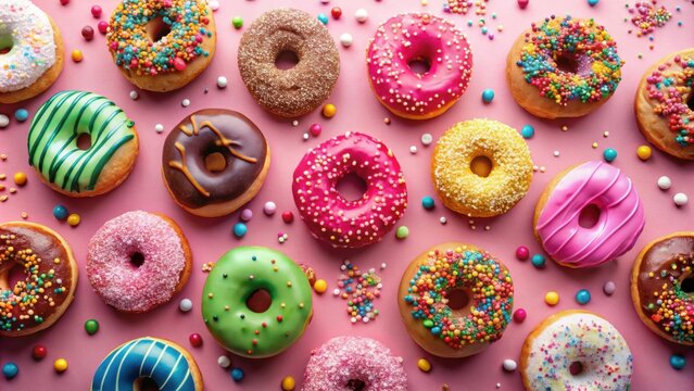 Sweet and vibrant donuts in assorted glazes and colorful sprinkles on a pink background for National Donut Day celebration