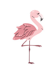 Cute pink flamingo on white background. Cartoon tropical bird in flat style. Safari collection. Vector children's illustration for clothes, fabric, greeting cards, stickers, etc.