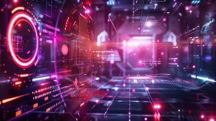 Futuristic Neon Cityscape with Digital Interfaces