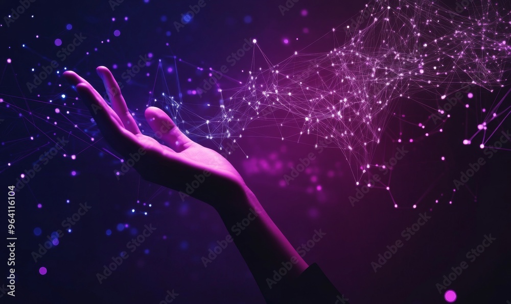 Wall mural hand reaching towards abstract digital network symbolizing technology and business growth with purpl