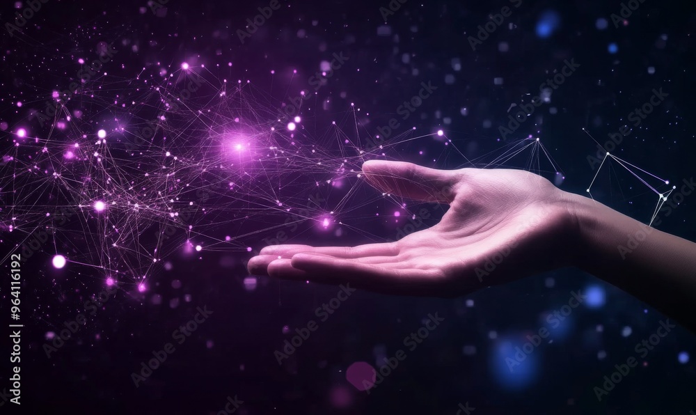 Wall mural hand reaching towards abstract digital network symbolizing technology and business growth with purpl