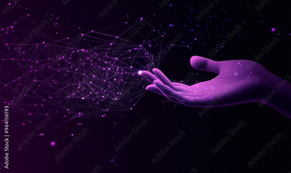 Wall mural hand reaching towards abstract digital network symbolizing technology and business growth with purpl
