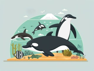 Endangered species protection, animals in natural habitat, flat design illustration