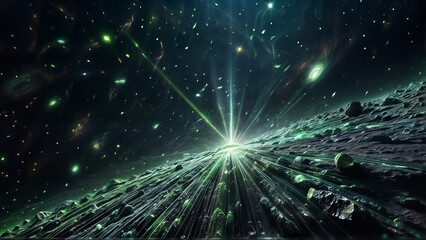 Naklejka premium A powerful cosmic explosion radiates brilliant green light, casting energy waves across the universe, surrounded by distant galaxies and scattered celestial debris