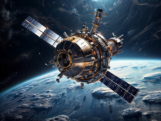 A futuristic space satellite with multiple solar panels orbiting Earth, surrounded by a cosmic backdrop filled with stars and celestial bodies