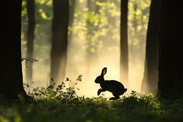 A silhouette of a rabbit hopping through a misty forest at dawn.